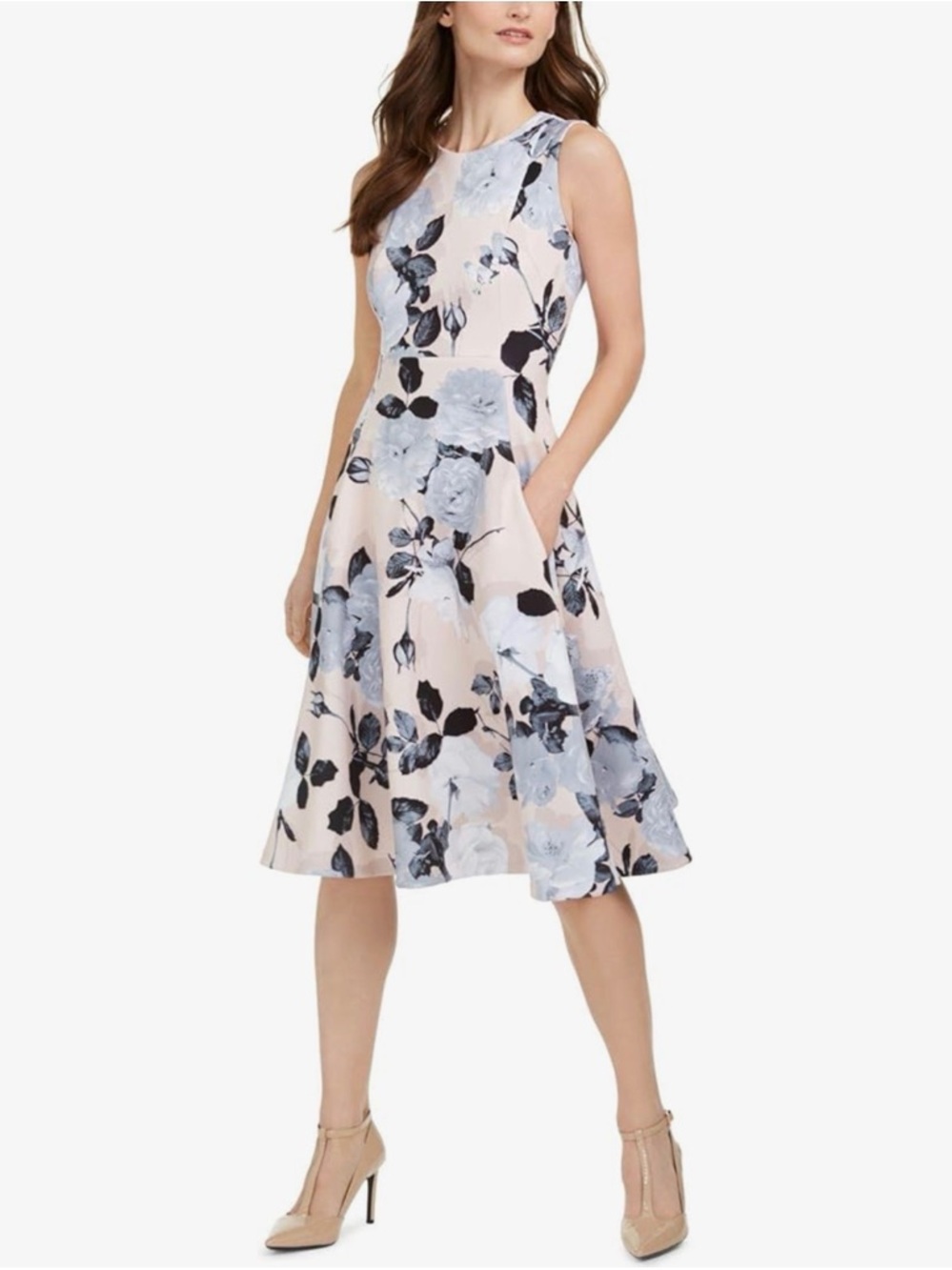 Calvin Klein Blush Pink Midi Dress with Black & Gray Floral Pattern